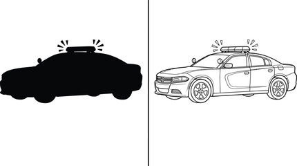 Police Car Silhouette and Line Drawing Concepts with Emergency Lights on a Simple White Background for Law Enforcement Themes © online