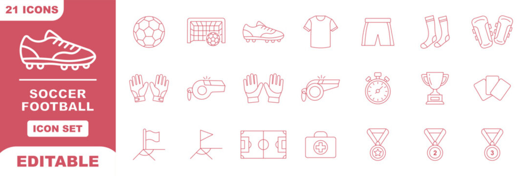 Soccer and football championship thin line icon set containing stadium ball whistle jersey field and scoreboard symbols. playoff bracket match scoreboard championship trophy and field tactics chart