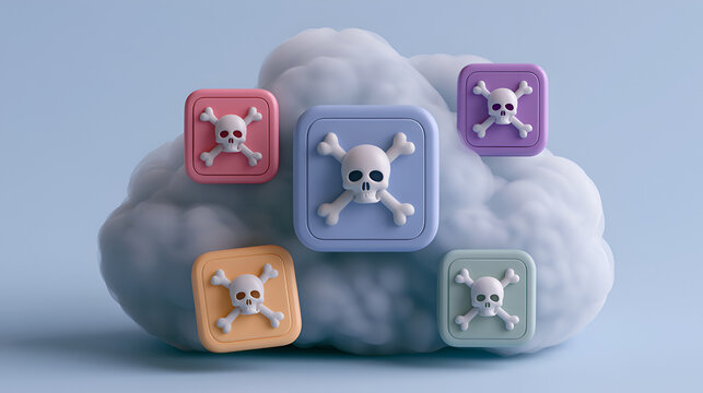 A skull and crossbones image appears on the app panel in the cloud. Hacker attack targeting data infrastructure. A cloud app infected with a virus. Stock Illustration