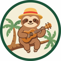 Naklejka premium Sloth Playing Ukulele on Tree.