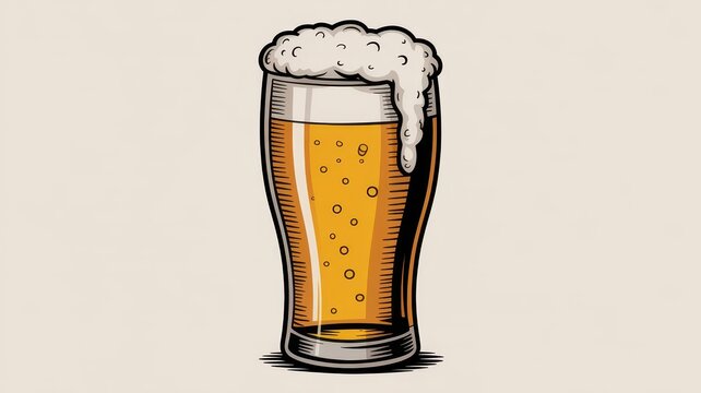Vintage style beer glass illustration, cold amber lager with frothy white foam head, retro hand-drawn craft beer pint on neutral background