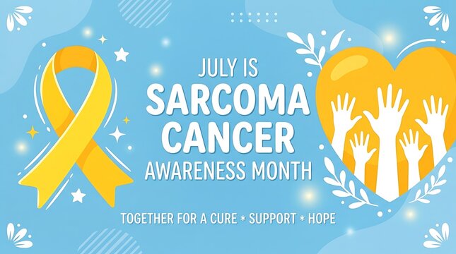 July is sarcoma cancer awareness month banner with yellow ribbon and hands