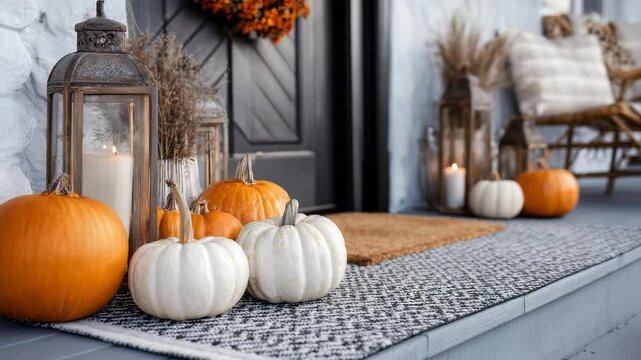A beautifully decorated porch features pumpkins and lanterns, perfect for autumn. The arrangement provides a cozy and inviting ambiance for guests