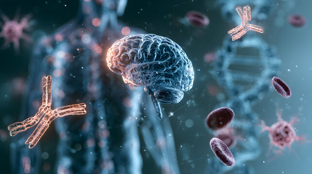 Future of personalized medicine and AI biomedical technology. Human anatomy, brain, DNA, chromosomes, antibodies, blood cells, neurons, pharmaceutical research and molecular science data interface