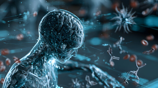 Future of personalized medicine and AI biomedical technology. Human anatomy, brain, DNA, chromosomes, antibodies, blood cells, neurons, pharmaceutical research and molecular science data interface