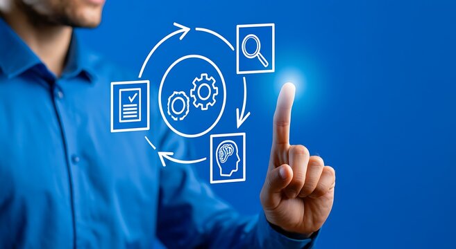 Feedback loop with continuous improvement, problem solving, monitoring, analysis, optimization, and decision making on digital process concept.