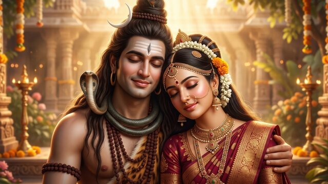 Lord Shiva and Goddess Parvati &ndash; Peaceful Divine Love Portrait