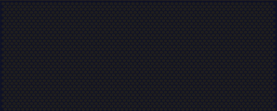Dark carbon fiber background with seamless metallic dot grid texture. Minimalist black abstract perforated mesh pattern banner vector illustration template for premium luxury tech design.