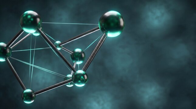 Connected chemical atomic bonds and nanoparticles on dark microscopic background, Polyhedral crystal lattice network structure for modern biotechnology and physics research