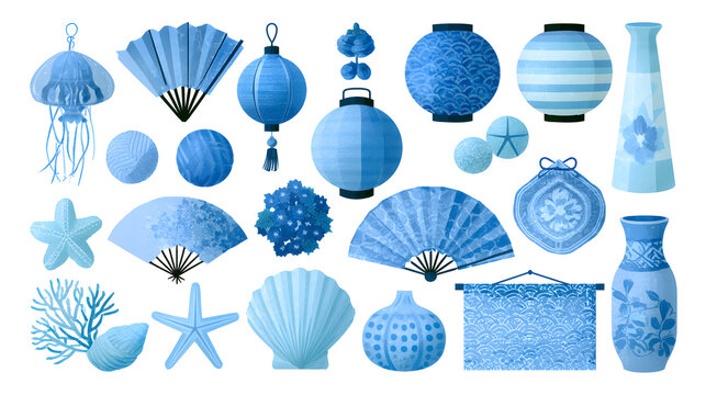 Summer Gift Mid-Year Gift Japanese Style Decoration Material Set (Light Blue) Stock Vector
