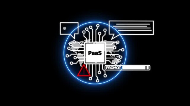 Digital circuit board with PaaS text and warning symbol on black background cost per acquisition technology. 4k animation video