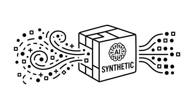 Minimalist black line illustration representing unstructured data flowing into synthetic intelligence processing box