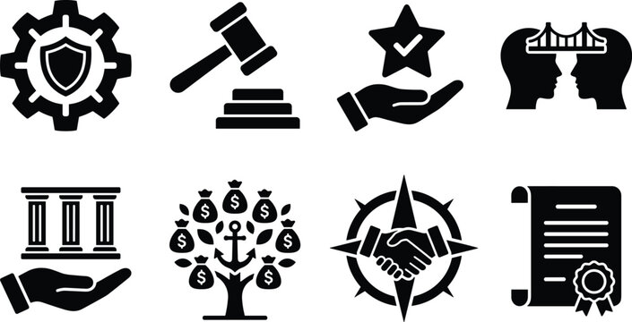 Business ethics and corporate governance icon set representing law compliance justice value and financial core values
