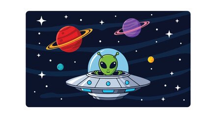 Flat style vector illustration of a smiling green alien driving a flying saucer among colorful planets and stars. Perfect for children's books, science fiction, education, games, and fun designs © Amie