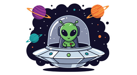 Flat style vector illustration of a smiling green alien driving a flying saucer among colorful planets and stars. Perfect for children's books, science fiction, education, games, and fun designs © Amie