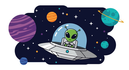 Flat style vector illustration of a smiling green alien driving a flying saucer among colorful planets and stars. Perfect for children's books, science fiction, education, games, and fun designs © Amie