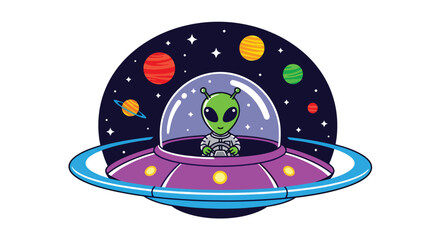 Flat style vector illustration of a smiling green alien driving a flying saucer among colorful planets and stars. Perfect for children's books, science fiction, education, games, and fun designs © Amie