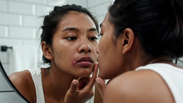 Woman with Skin Rash Looking in Mirror. Suitable for skincare product advertisements, acne treatment solutions, dermatology awareness, and beauty concern content.