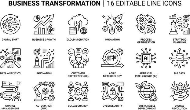 Business Transformation icon set. Editable line icons. Vector illustration.
