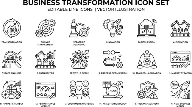 Business Transformation icon set. Editable line icons. Vector illustration.
