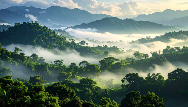 Misty Tropical Rainforest and Mountain Landscape at Sunrise