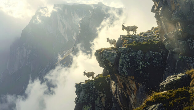 Mountain goats on steep rocky cliffs with misty mountain peaks
