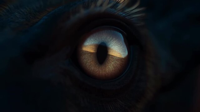 Extreme close up of animal eye with warm sunset reflection, vertical slit pupil, glossy cornea and shifting highlight across wet surface with soft fur detail, with eye, iris, pupil, cornea detail