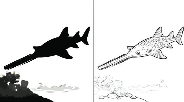 Sawfish Silhouetted and Line Art with Coral Reef and Ocean Waves on a White Background