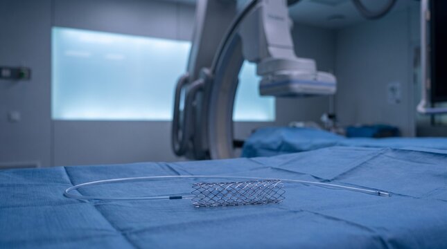 Interventional cardiology: Coronary stents await precise placement in sterile catheterization laboratory