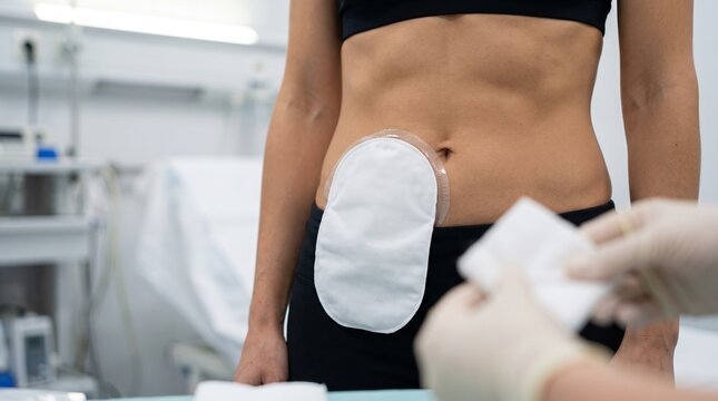 Woman with ostomy pouch attached to abdomen during clinic consultation, close-up stoma care concept for colostomy or ileostomy education.
