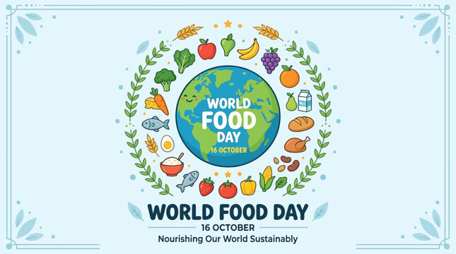 Sustainable global nutrition concept illustration featuring diverse healthy foods surrounding a smiling planet earth for international awareness