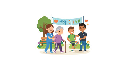 Obraz premium Diverse Group Enjoying Outdoor Fitness Walk with Walking Poles in Park