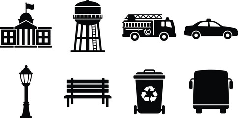 City infrastructure and municipal services vector icons set representing urban planning government buildings and public utility concepts © SHEMA