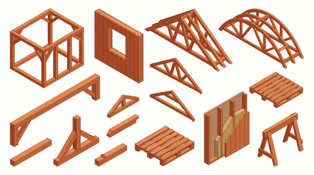 Isometric wooden construction elements including timber framing trusses, walls and pallets on white background, representing carpentry engineering, illustrating building design materials