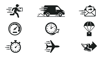 Fototapeta premium Fast Delivery and Speed Icons – Running Man, Mail, Car & Speedometer Vector Set
