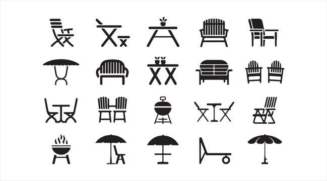 Minimal Black Outdoor Garden Furniture and Patio Icon Collection for UI and Graphic Design