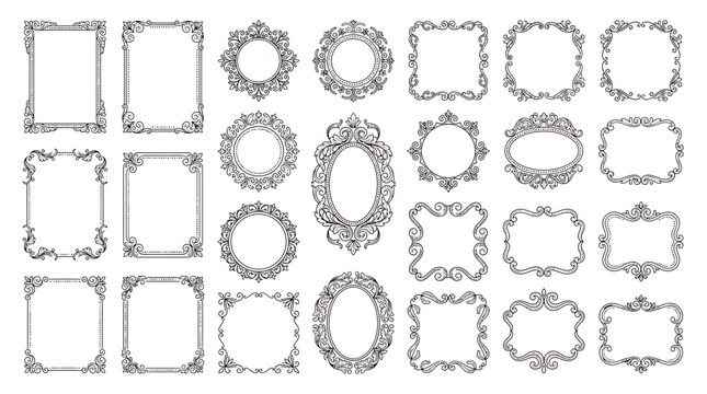 Collection of elegant vintage ornamental border frames in baroque style on white background, representing luxury certificate design and symbolizing classic wedding invitation branding