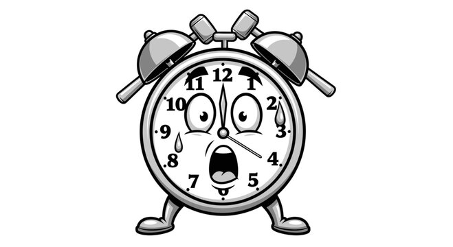 Scared Alarm Clock Character with Sweating, Wide Eyes and Open Mouth