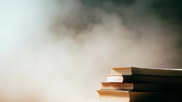 A pile of old books sits on a rustic surface, surrounded by a misty, ethereal atmosphere. The image evokes curiosity, inspiration, and a timeless love for reading and learning