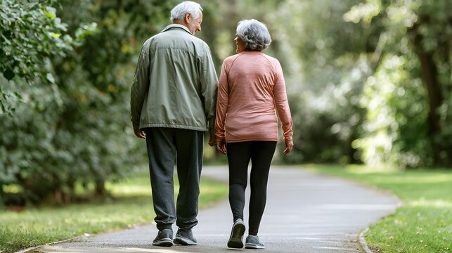 Senior couple strolls through park on sunny day