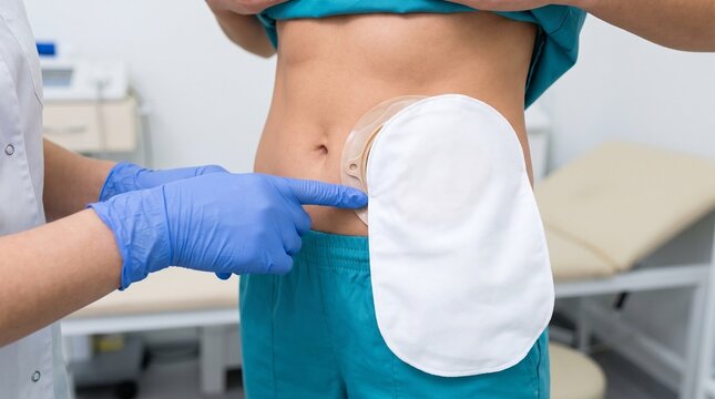 Clinician pointing to ostomy pouch adhesive barrier on child&rsquo;s abdomen, close-up pediatric stoma care education in clinic.