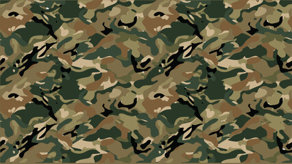 Editable vector illustration of a seamless military woodland camouflage pattern featuring green, brown, beige, and black organic shapes. Perfect for textile, fabric, apparel, wrapping paper, and backg © Pixlist.id