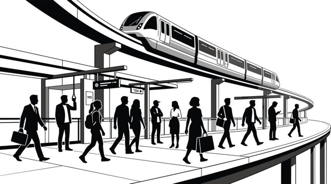 Metro train station vector illustration with passengers walking on platform and monorail elevated railway transit system