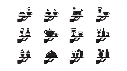 Obraz premium Modern Restaurant Serving Tray Symbol Set with Food, Drink and Hospitality Vector Icons