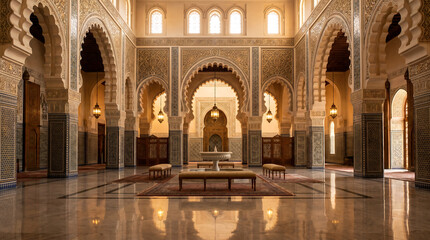 Fototapeta premium Grand hall with intricate arches, columns, and detailed carvings in warm light. Marble floor, ornate windows, benches, and traditional Islamic architectural features visible.