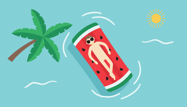 Overhead view of a man with sunglasses relaxing on a watermelon inflatable air mattress in bright blue pool water.