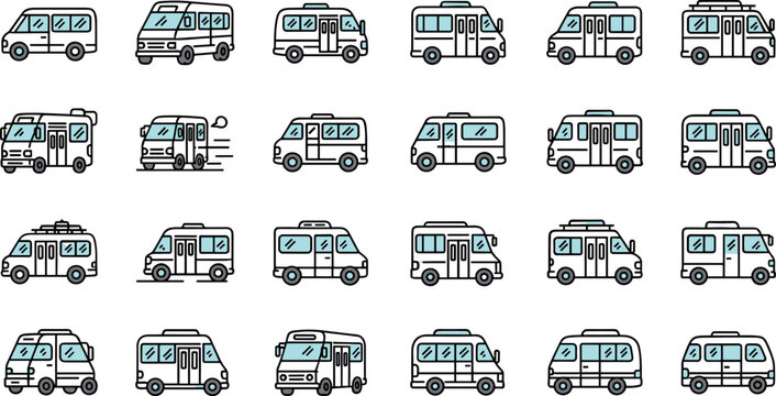 Van Icon Set With Camper Vehicles Minibuses And Transport Automobile Designs In Minimal Line Vector Illustration
