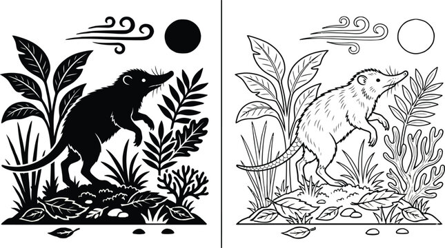 Shrew Walking Through Jungle Plants with a Minimalist Black Sun and Swirling Wind Element in the Background