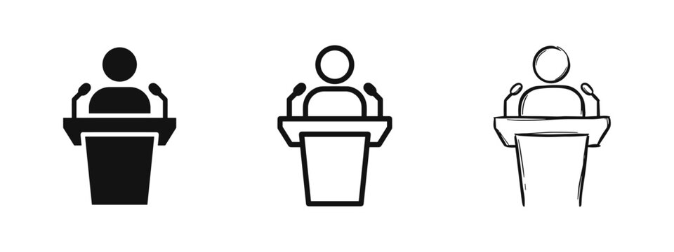 Speaker podium and presentation icons in solid, outline and sketch styles