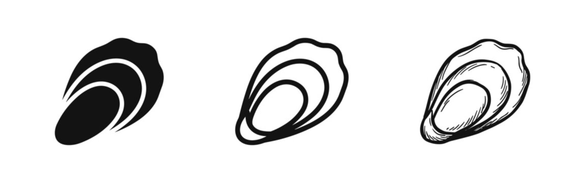 Oyster shell or mollusk icons in solid, outline and sketch styles